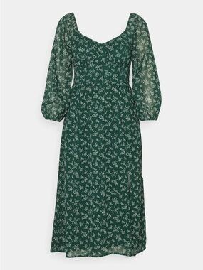 Hollister Dark Green Floral Puff-Sleeve Midi Dress